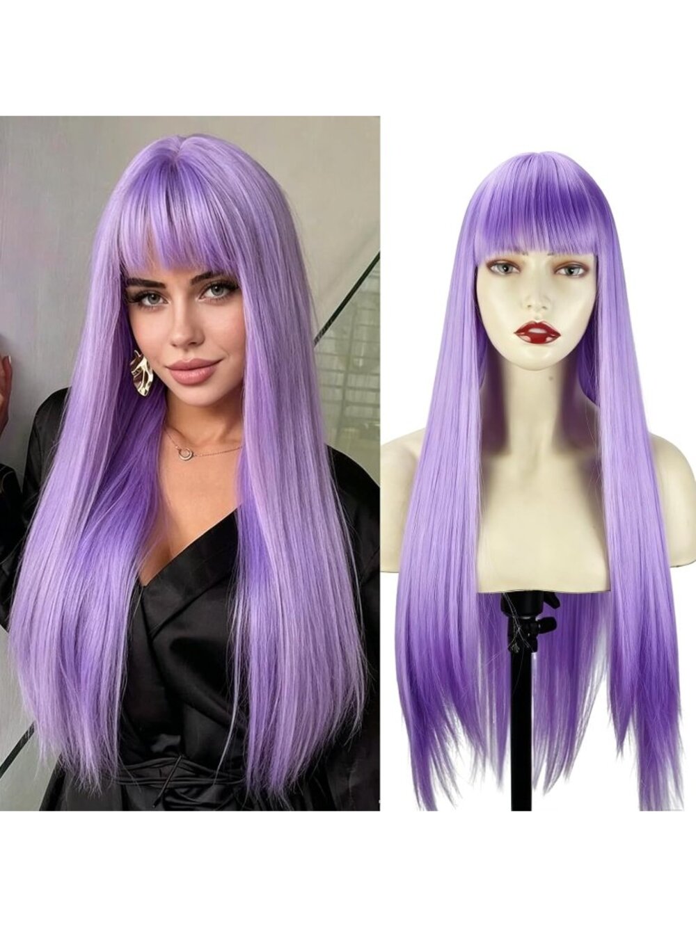 Women's Light Purple Long Straight Wig with Bangs for 26 Inch Natural Heat